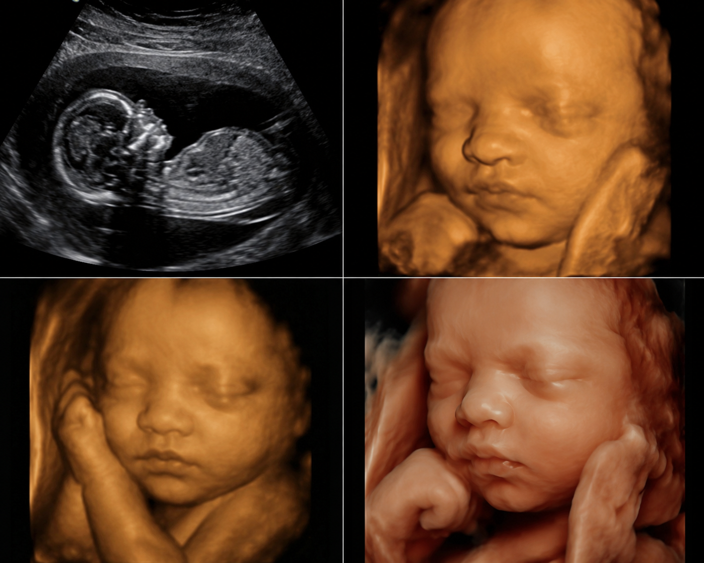 2D, 3D, 4D, and 5D ultrasound comparison showing progressive detail from classic to HD imaging